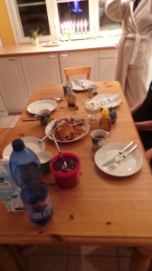 The table nicely set for out pancakes :3